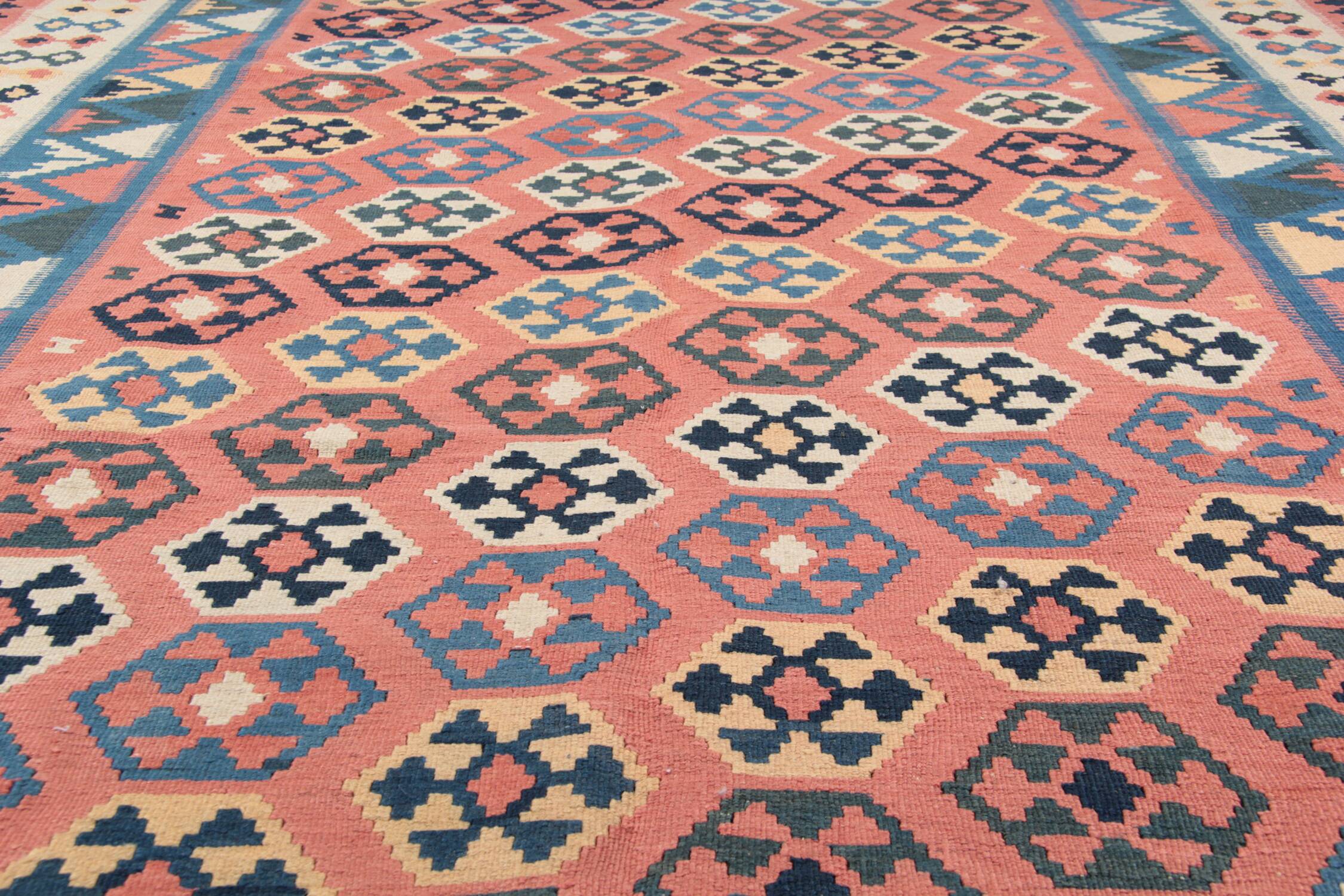 Vintage Kilim Runner Rug in Red, Blue & Terracotta Flatweave 323x218cm