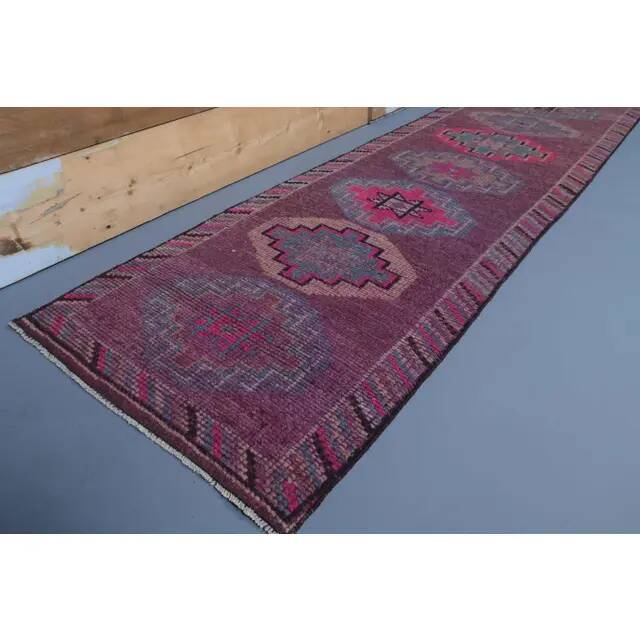 1960s Purple Pink Natural Turkish Hand-Knotted Runner Rug 81x327