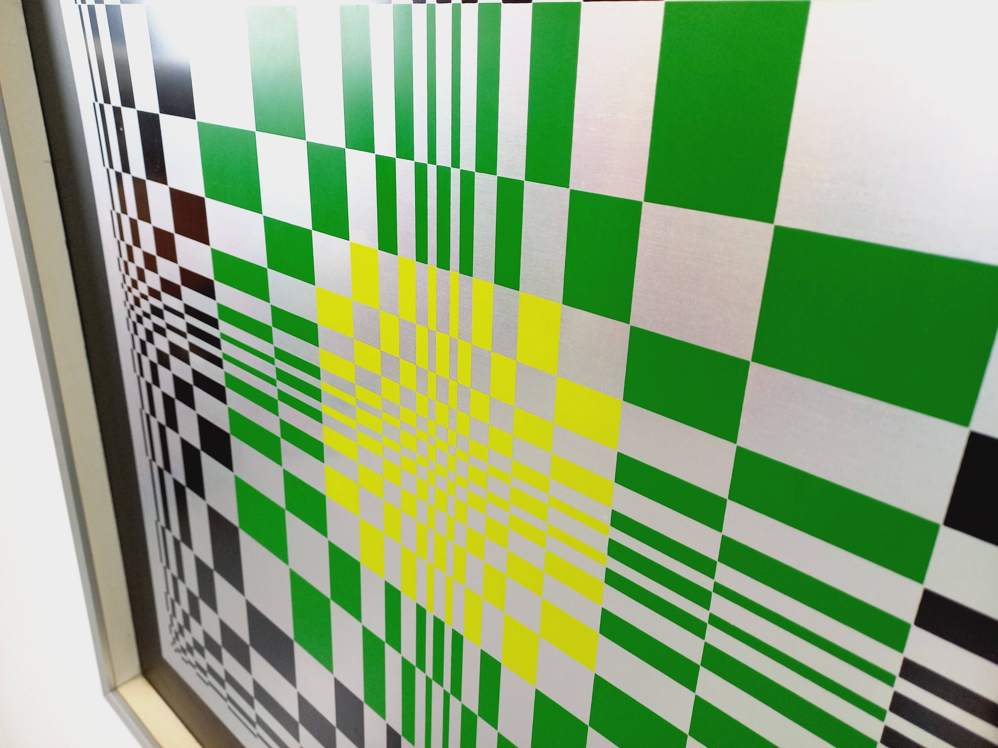 Typical silkscreen painting in kinetic checkerboard on aluminum, Italian abstract design in Vasarely style