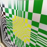 Typical silkscreen painting in kinetic checkerboard on aluminum, Italian abstract design in Vasarely style