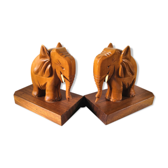 Paire de serre-livres éléphants en bois des années 50