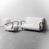 Set divano e poltrona in tessuto bianco legno anni ’70 modernariato