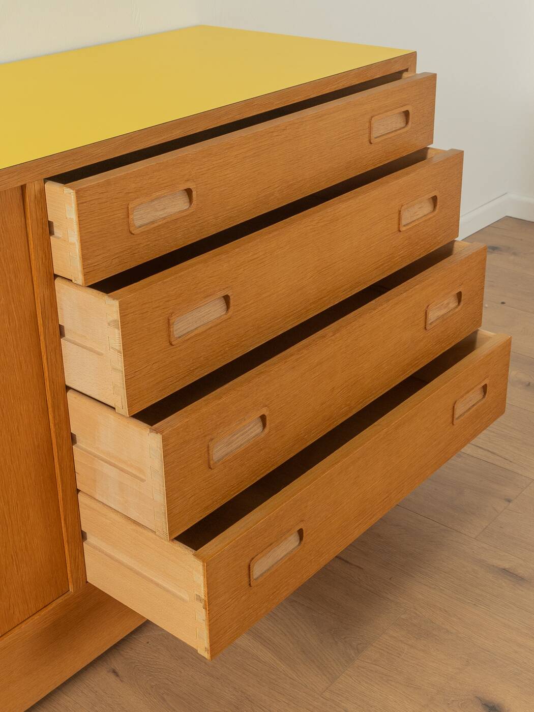 Sideboard by Poul Hundevad, 1960s, oak veneer, yellow Resopal