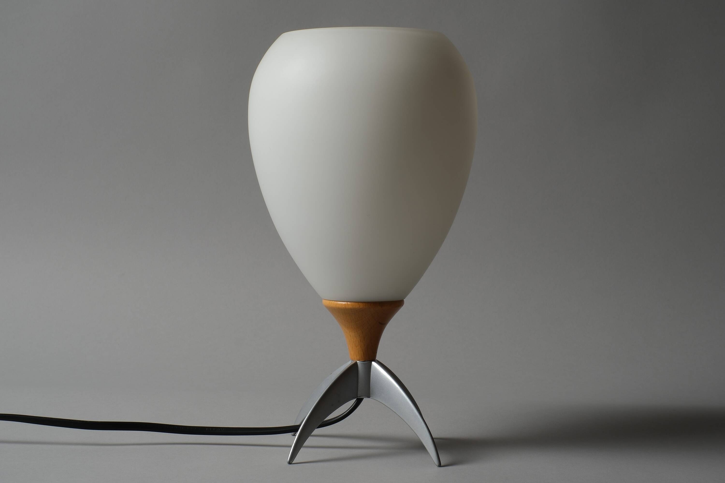 Vintage Hema Space Age Rocket-Shaped Table Lamp, Opal Glass Shade, 1990s.