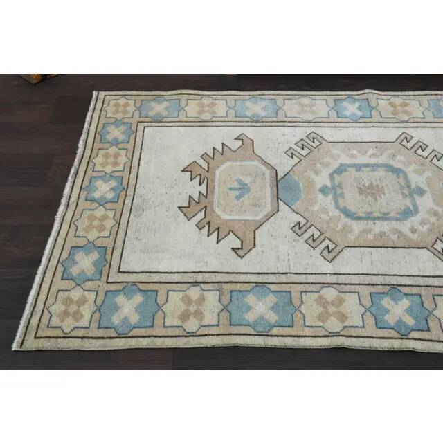 1970s Vintage Turkish Oushak Handmade  Beige Area Rug 113x192