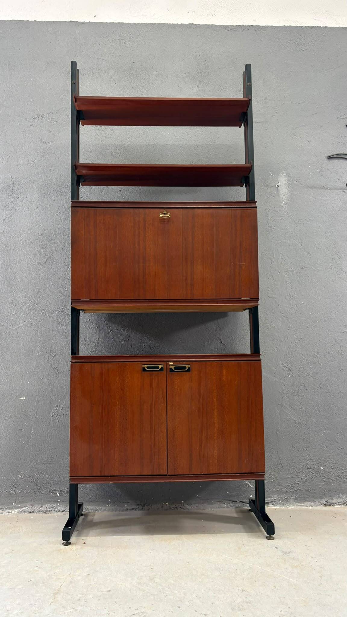 Unité murale modulaire moderne du milieu du siècle, cabinet de rangement en placage et métal noir, années 1960, Europe