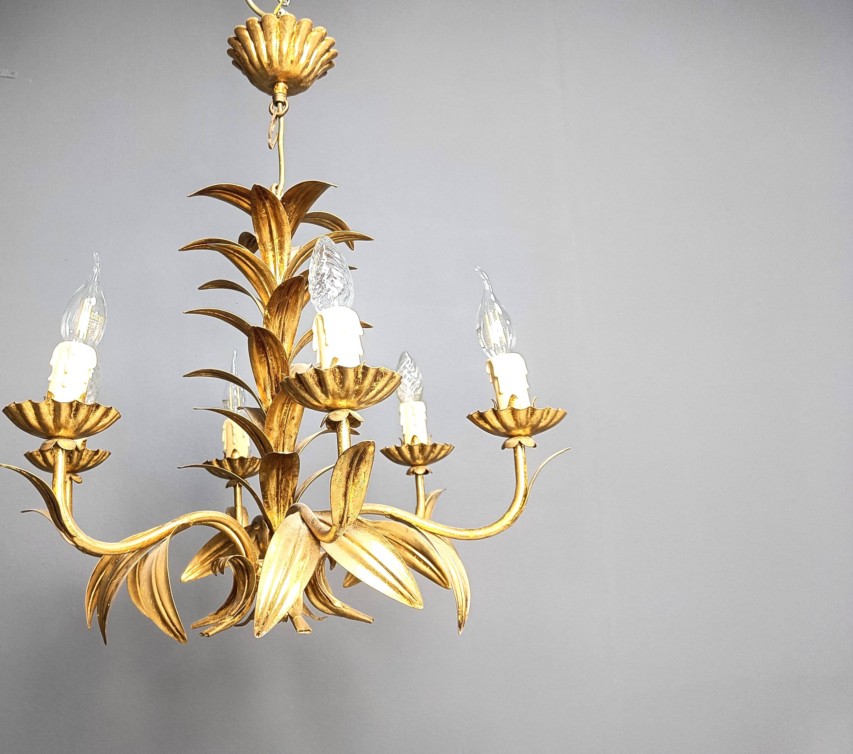 Vintage gilt metal pineapple leaf chandelier, 1960s