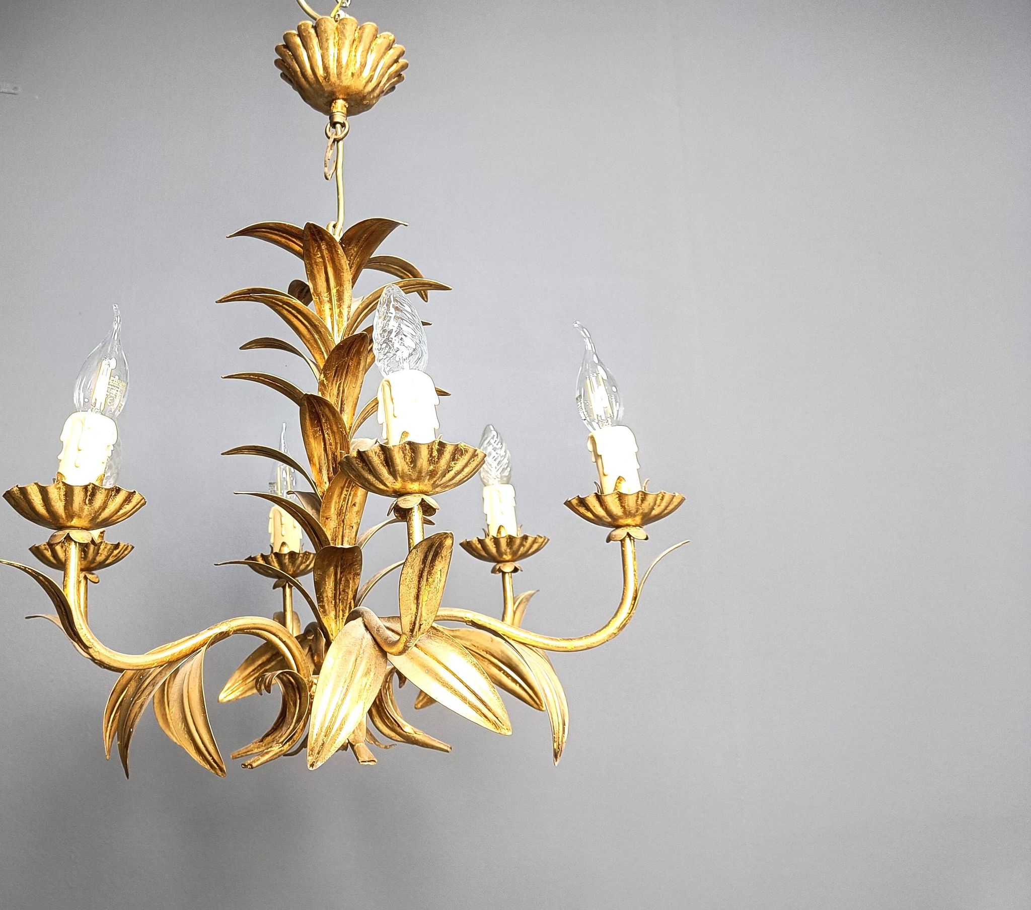Lustre vintage en métal doré en forme de feuille d'ananas, années 60