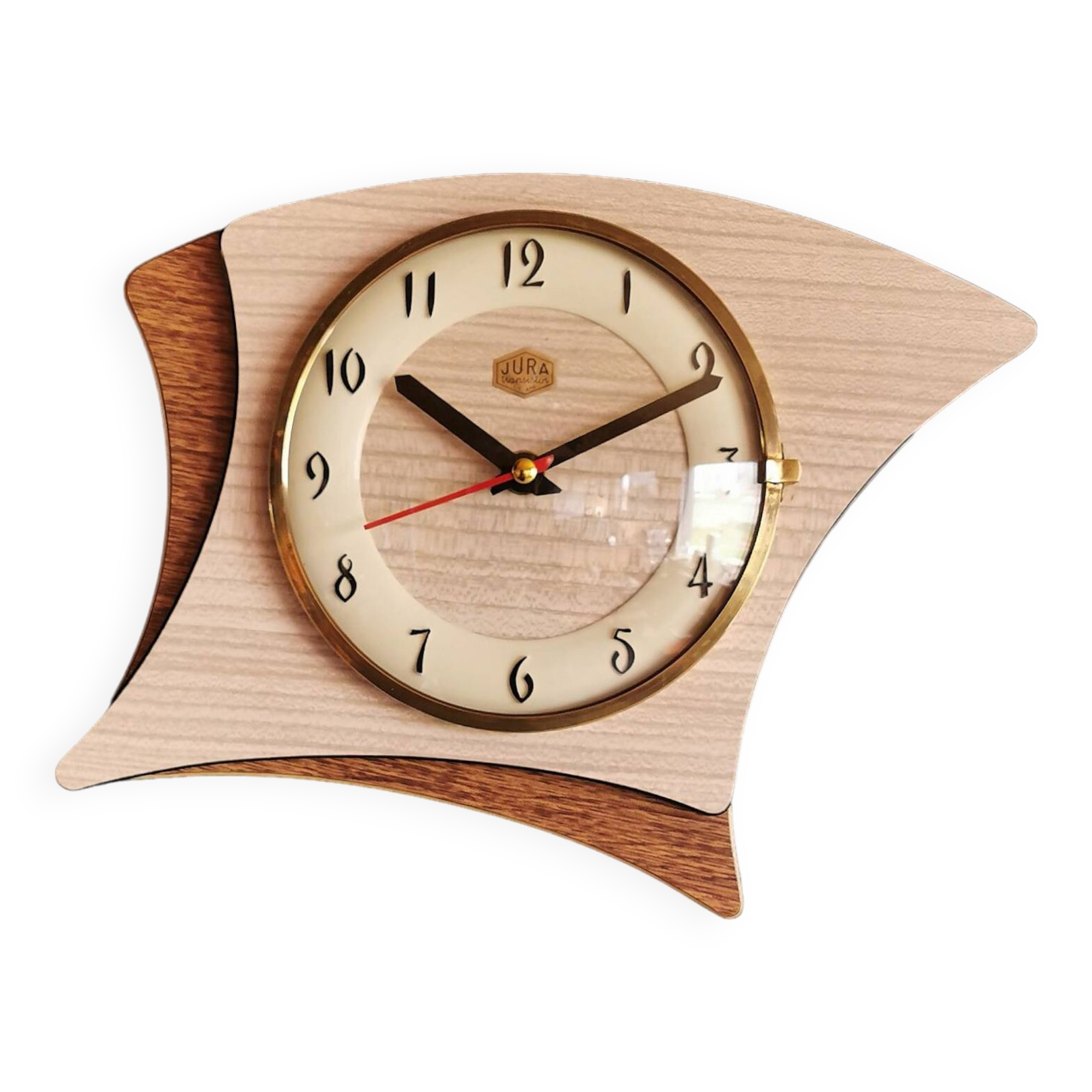 Vintage formica clock silent asymmetrical wall pendulum "Jura bois"