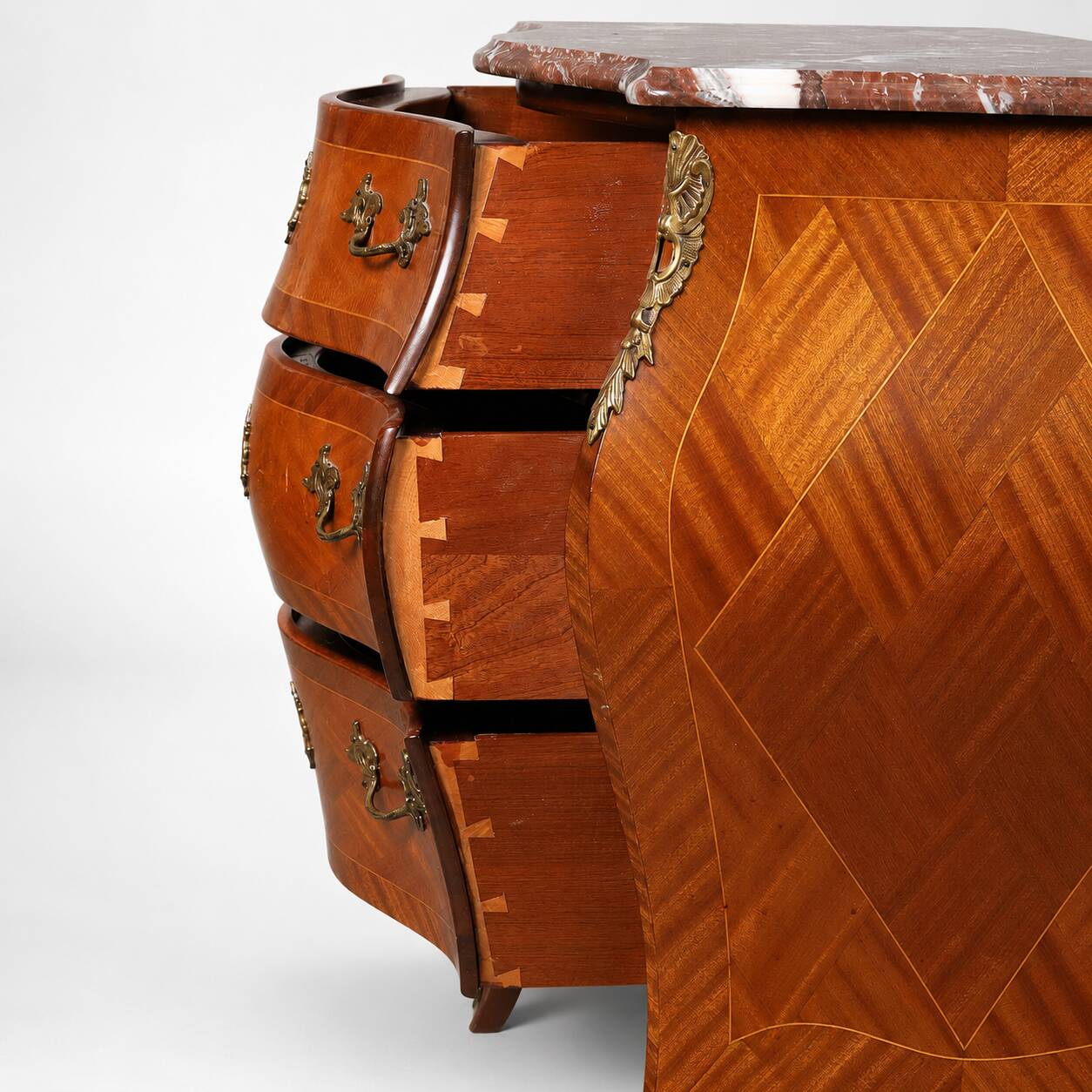 Marquetry Chest of Drawers — Mixed-Wood Veneer, Brass Mounts & Marble Top