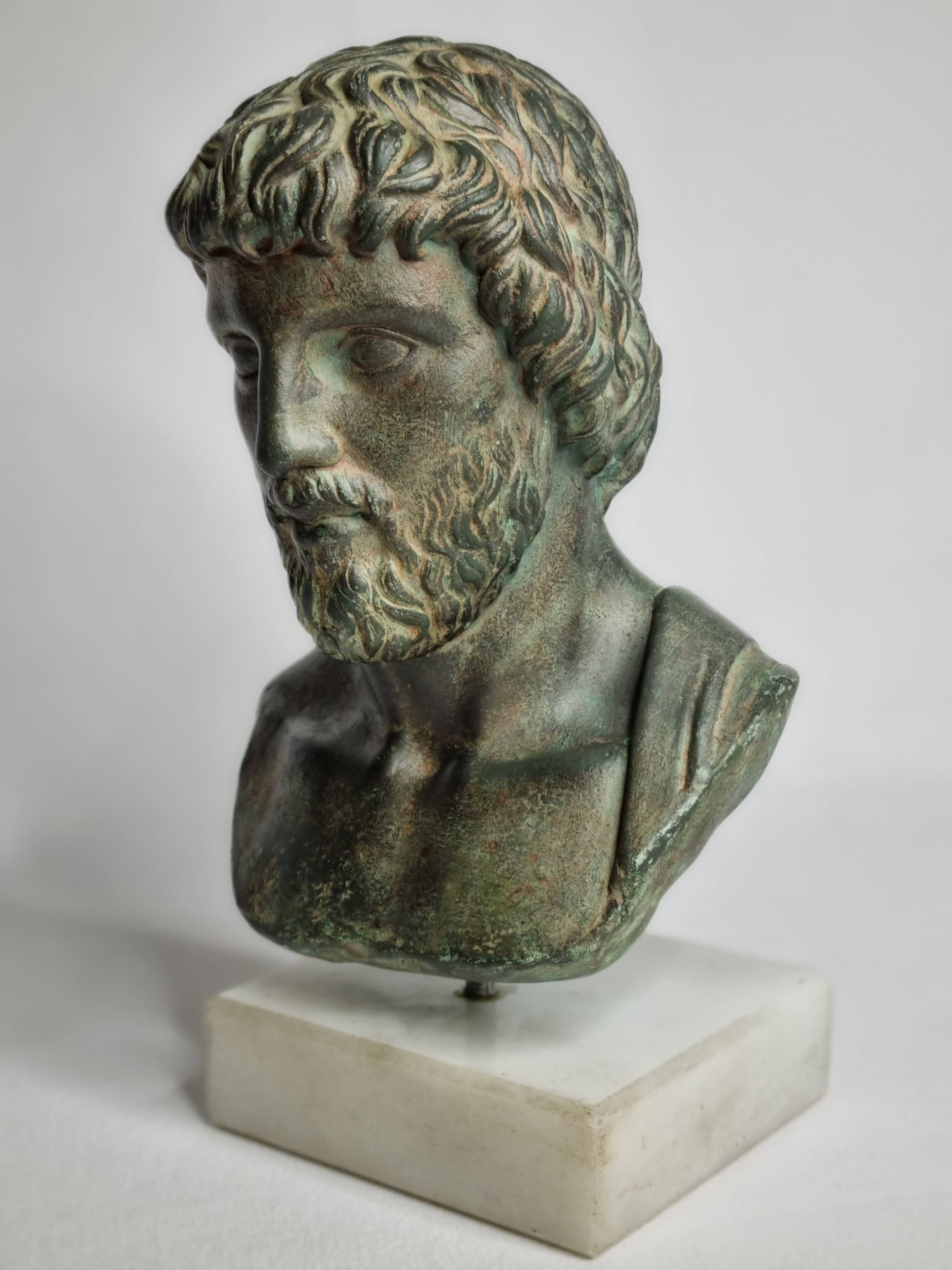 Bust of Esculape in patinated plaster on marble base, 21 cm