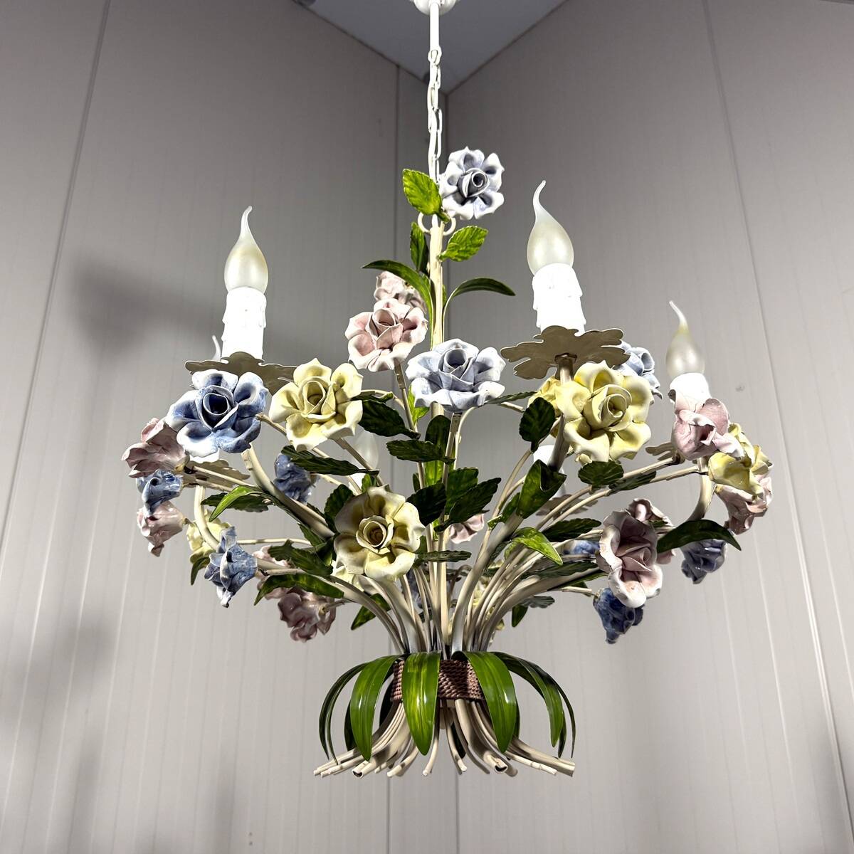 Italian tole chandelier porcelain flowers 1950’s