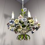 Italian tole chandelier porcelain flowers 1950’s