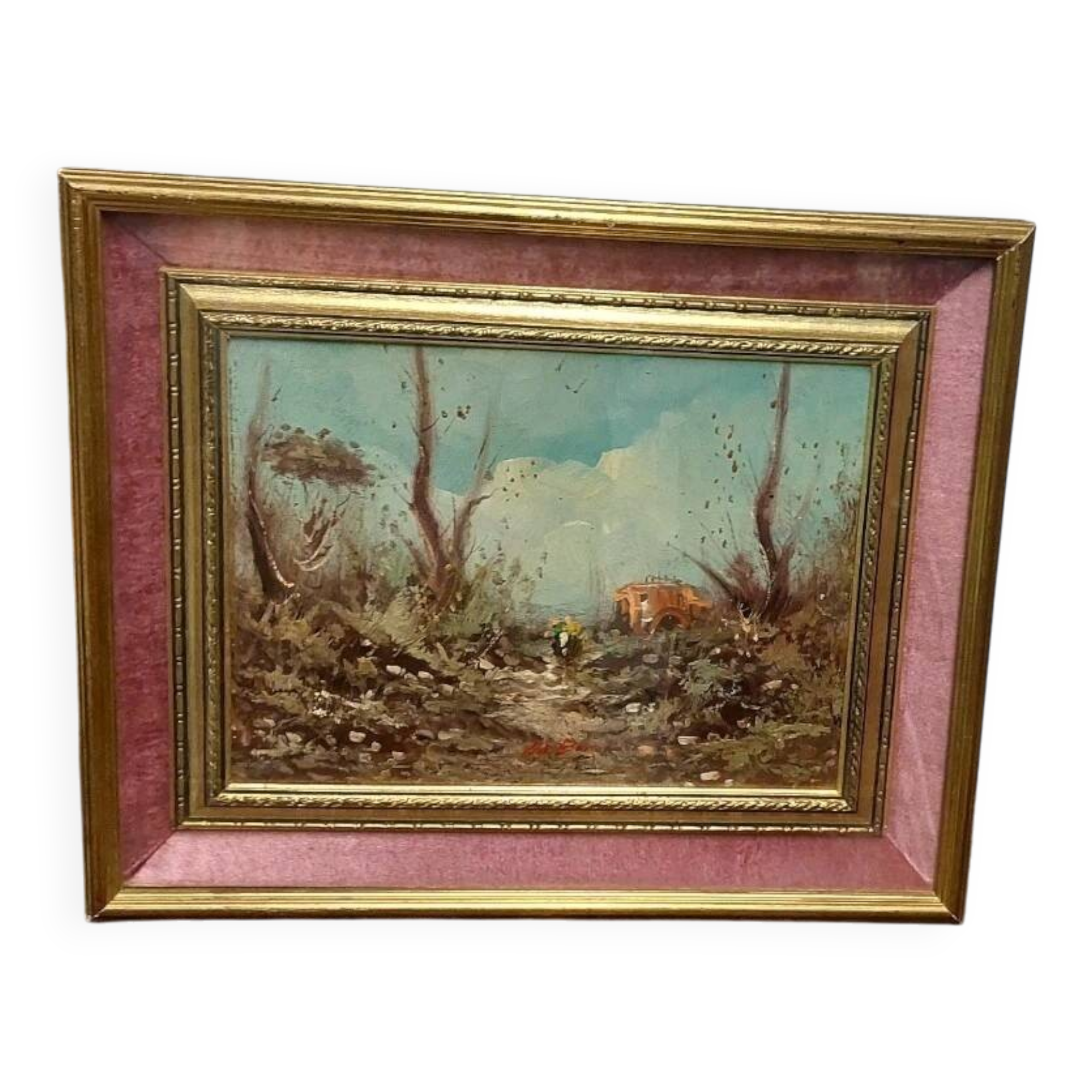 Oil painting on faesite landscape signed "DE BONI" 60s with frame