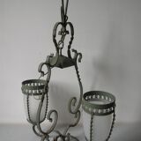 Ancienne lanterne lustre luminaire 2 feux fer forgé tulipe verre déco hall entrée rétro