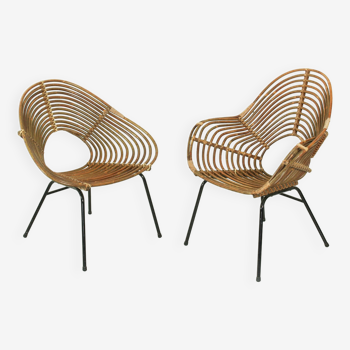 Set of 2 Vintage Rattan Lounge Chairs H. Broekhuizen for Rohé Noordwolde, The Netherlands 1960