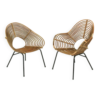 Set of 2 Vintage Rattan Lounge Chairs H. Broekhuizen for Rohé Noordwolde, The Netherlands 1960