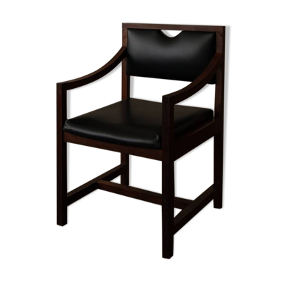 Fauteuil en bois vintage en simili cuir noir, style scandinave.