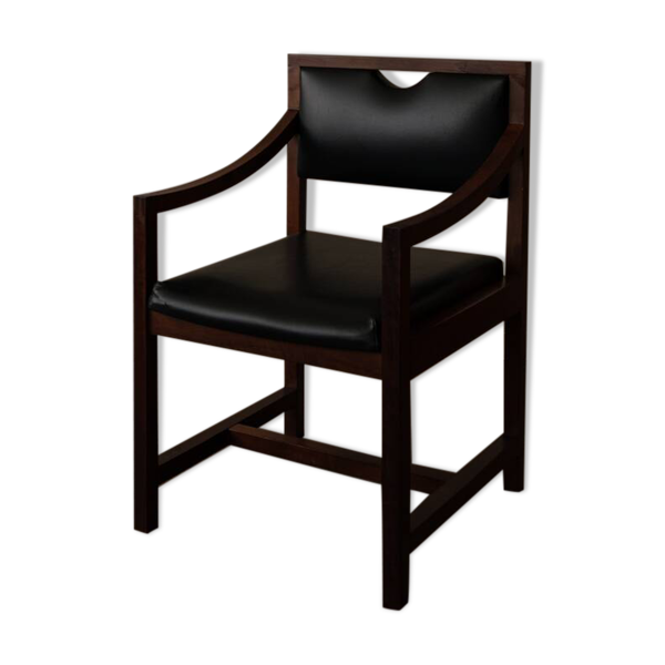 Fauteuil en bois vintage en simili cuir noir, style scandinave.