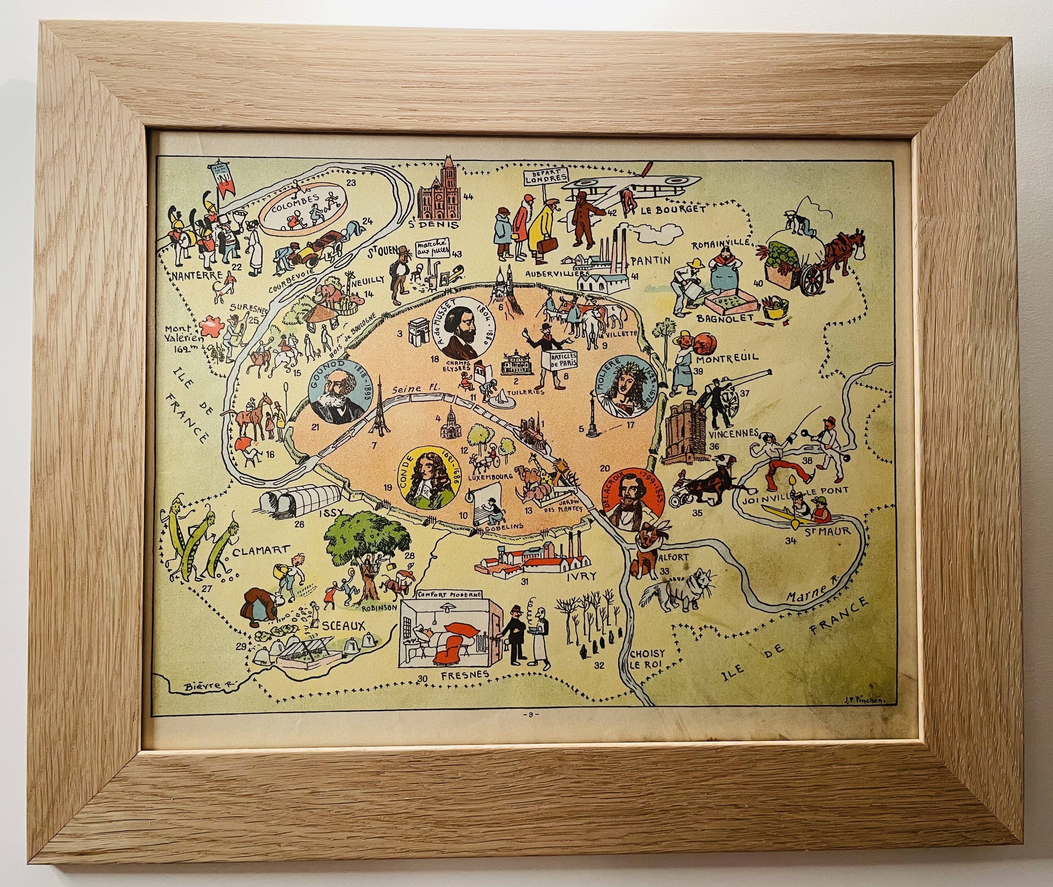 Old poster illustrated map of Paris 1939 - JP Pinchon