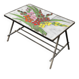 Vintage rectangular coffee table with ceramic inlaid flowers and steel.