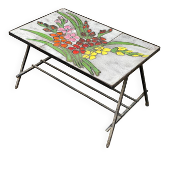 Vintage rectangular coffee table with ceramic inlaid flowers and steel.