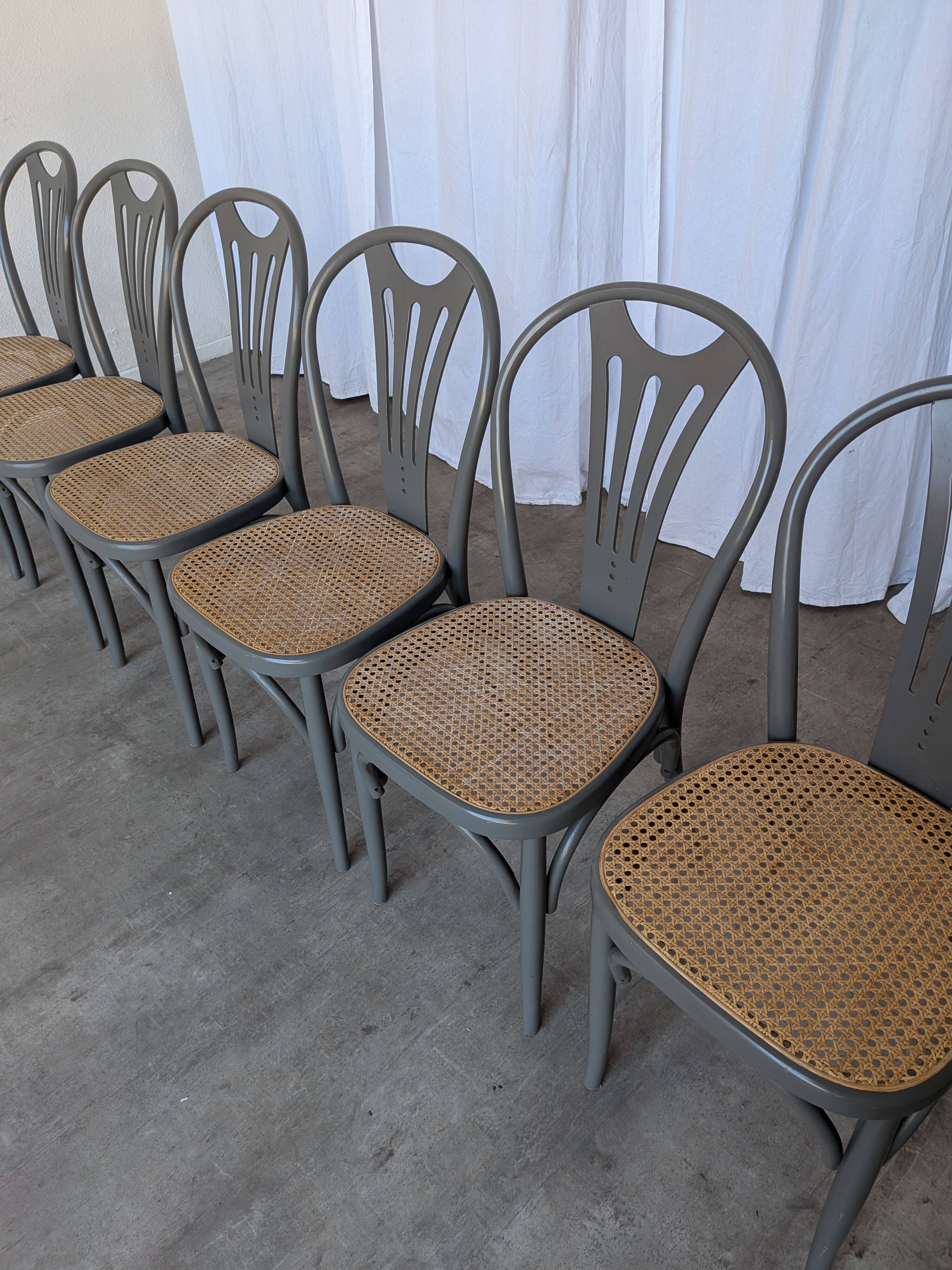 Ensemble de 6 chaises de salle à manger vintage grises en bois cintré : style Thonet, assise en cannage.