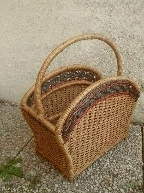 rattan magazine rack, vintage