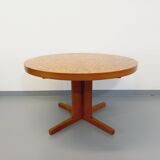 Vintage round dining table from the 60s 70s in solid wood mosaic teak and walnut with extension