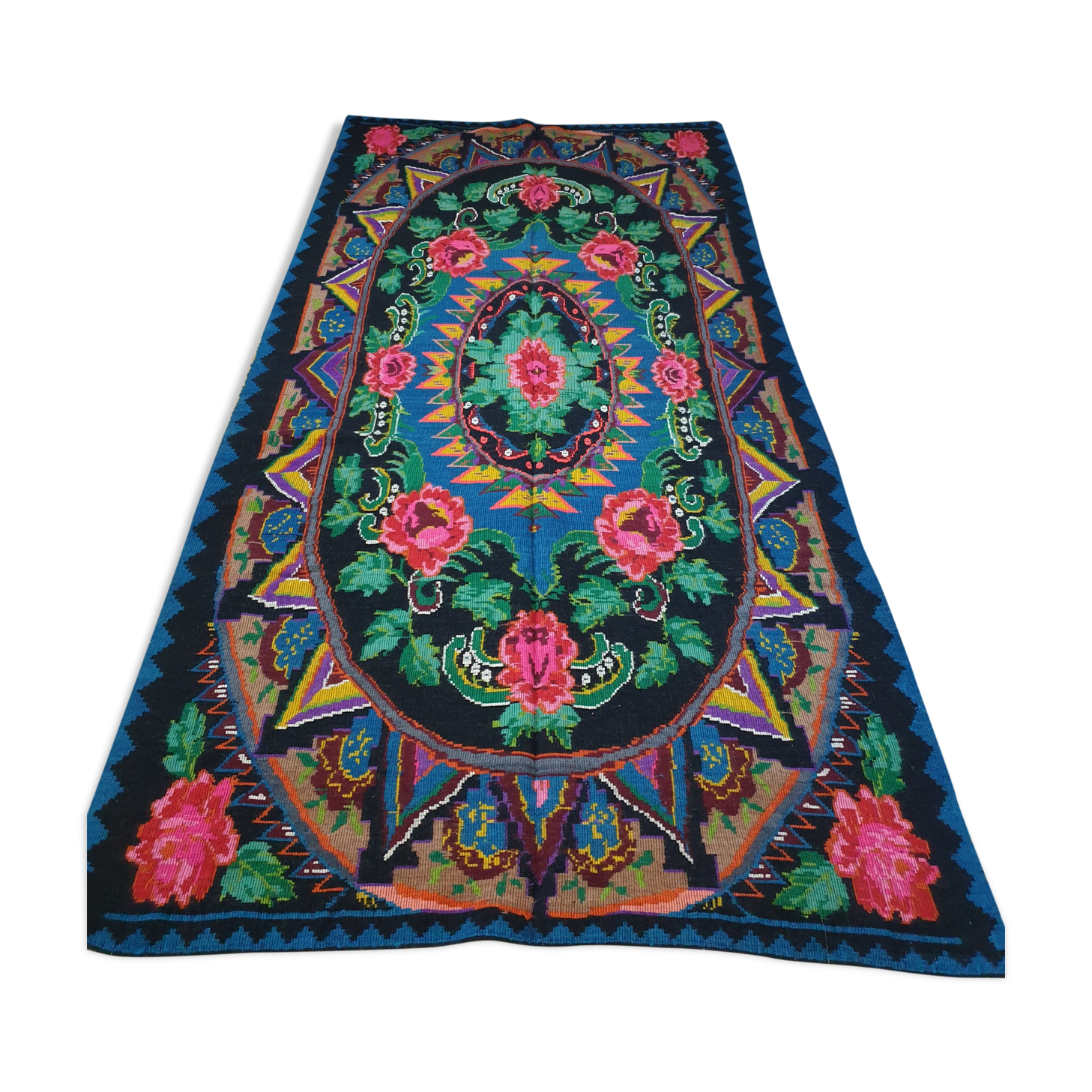 Large handmade Romanian rug 330X160cm with amazing bohemian floral design