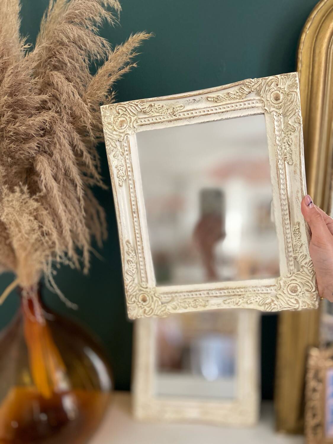 Set of two pretty mirrors in white, beige, and gold tones. Bohemian