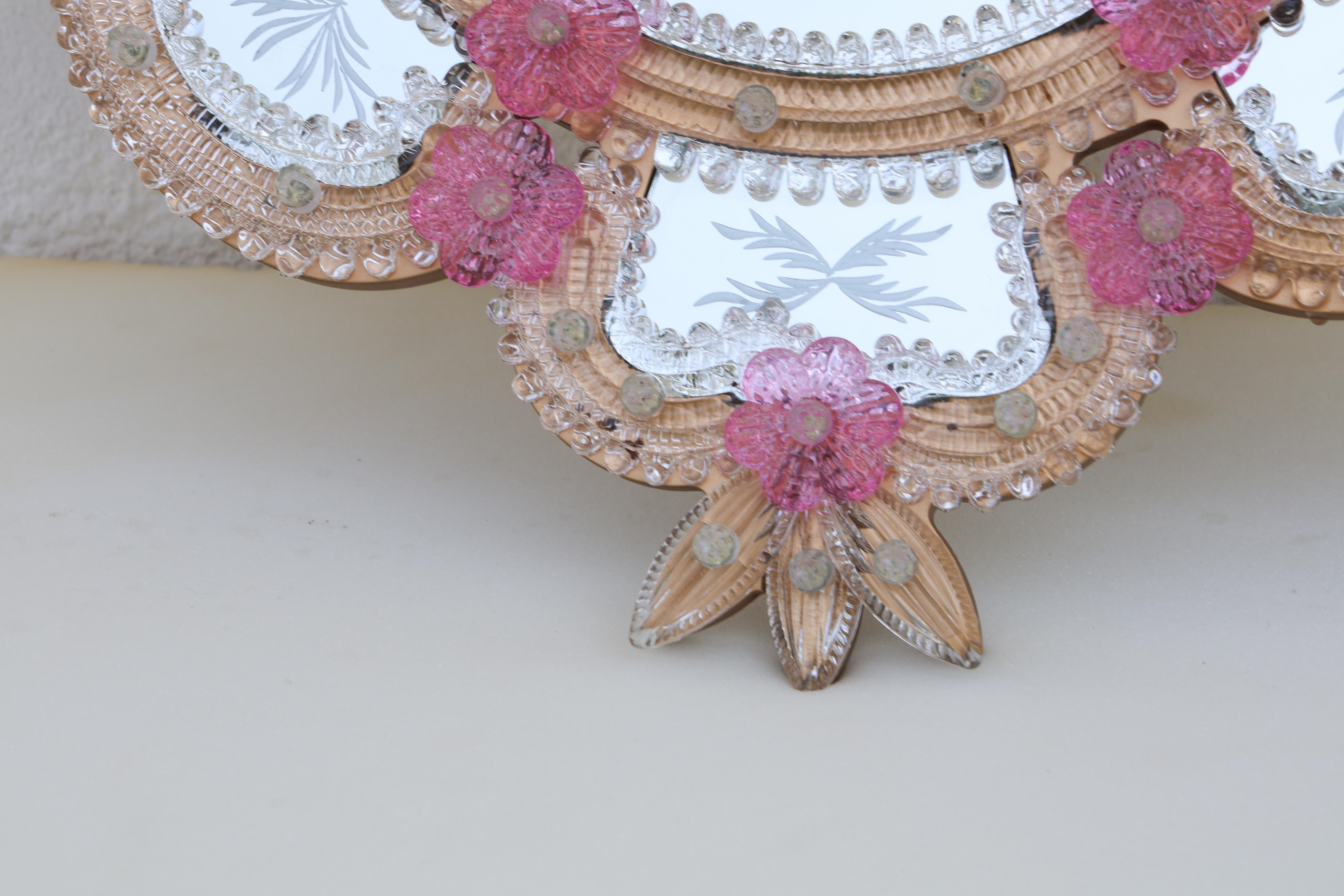 Exceptional Vintage Pink Murano Glass Wall Mirror