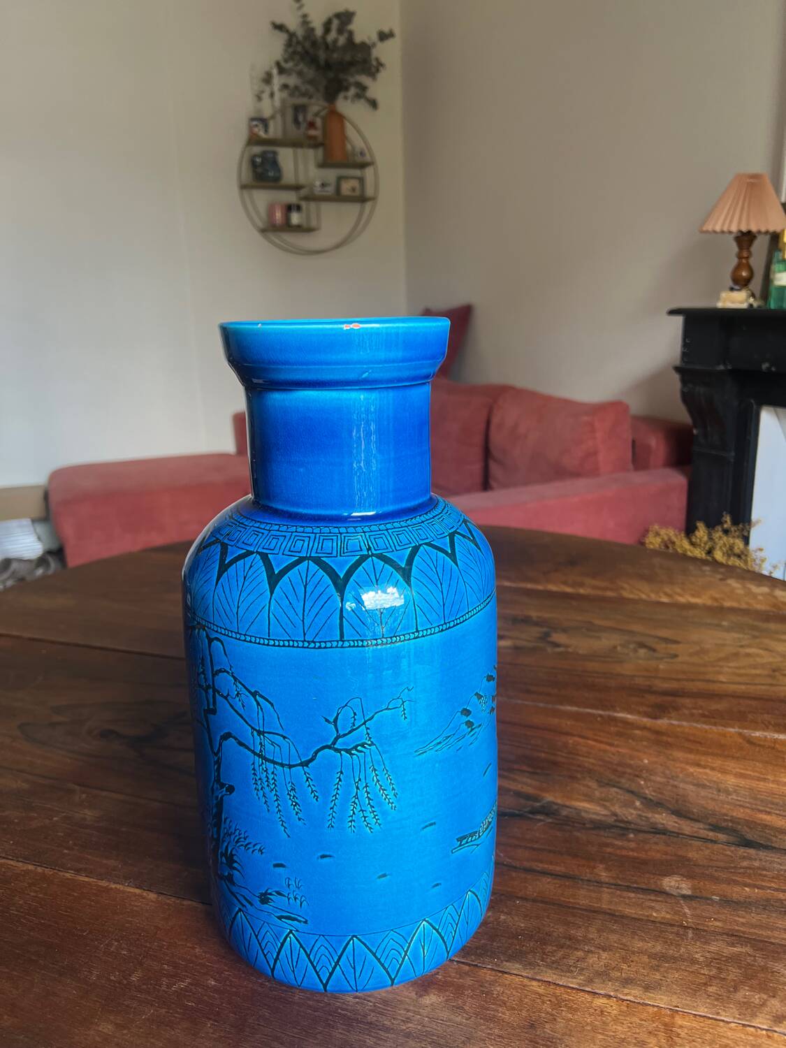 Large blue ceramic vase with Chinese motifs