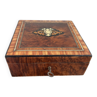 Antique, Napoleon III box, precious wood, brass, ebony veneer, silk, rosewood, oak, key