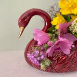 Vintage swan pot cover in red and gold ceramic