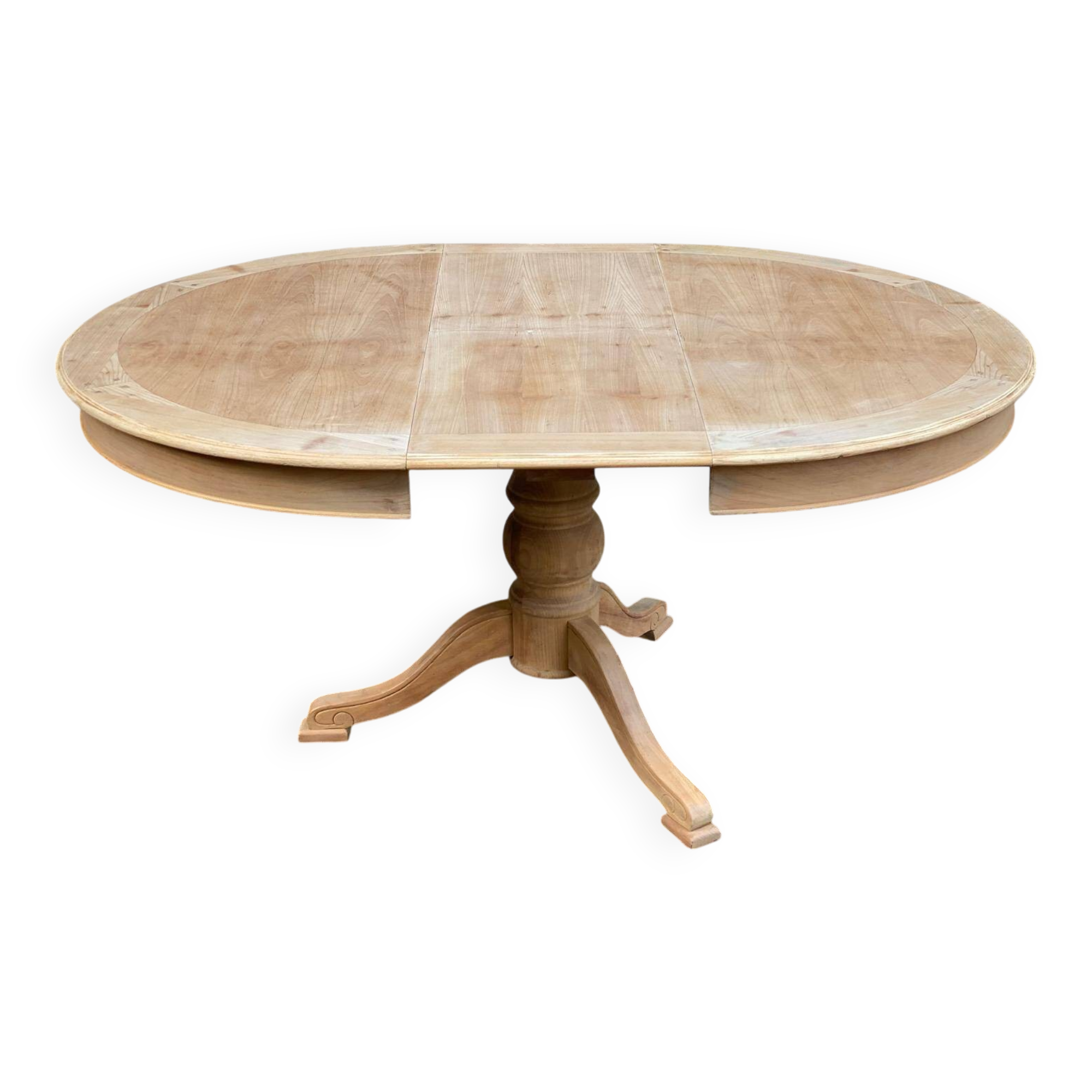 Extendable round dining table with central leg, renovated in raw wood, 20th century