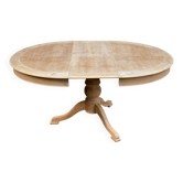 Table à manger ronde extensible pied central rénovée en bois brut XXème