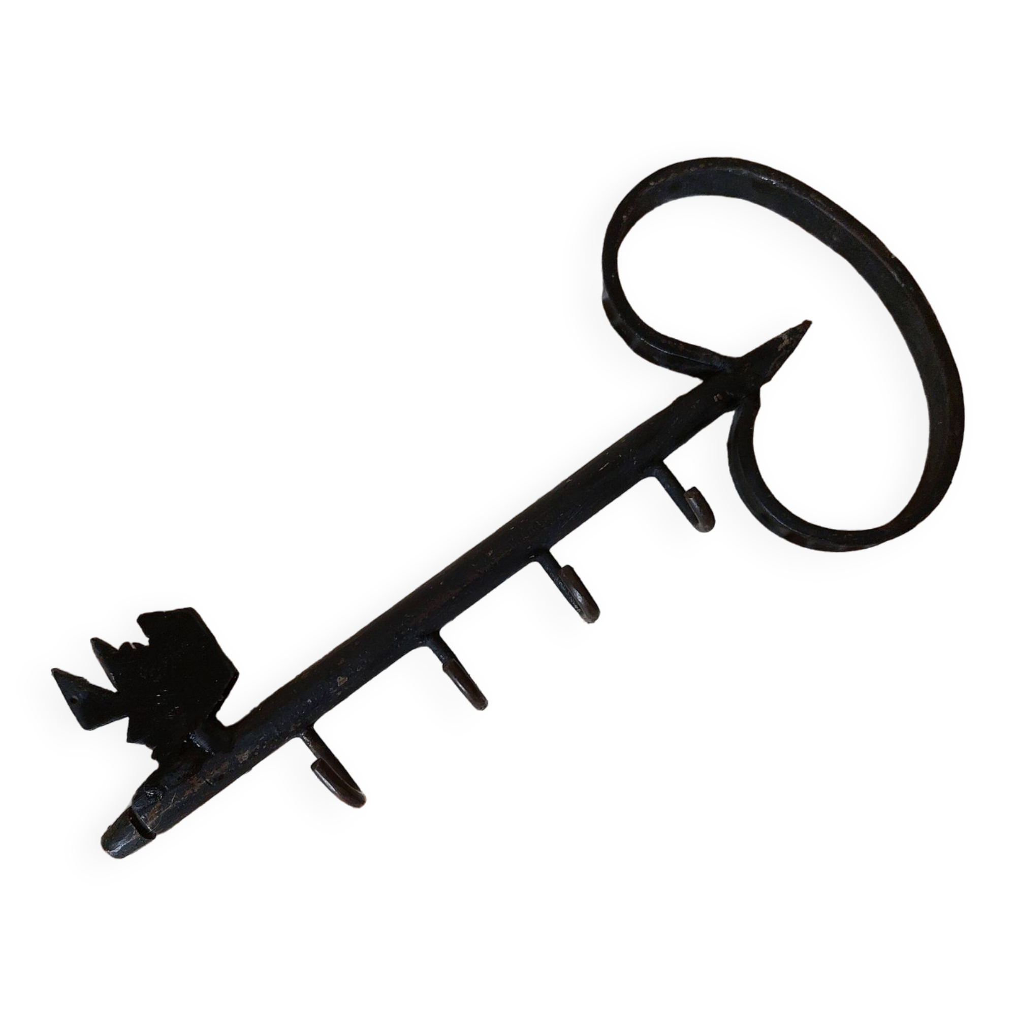Old wall key holder in the shape of a vintage metal key 4 hooks