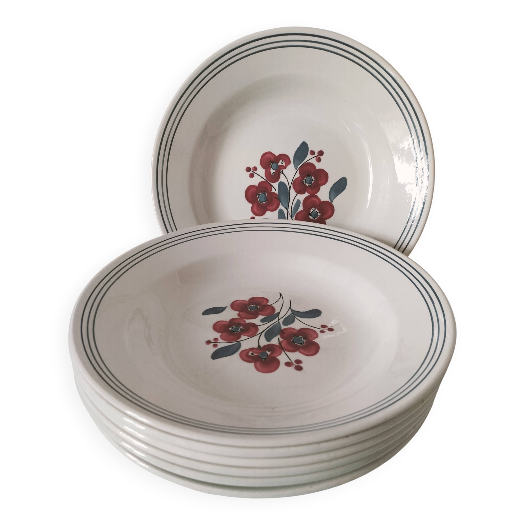 7 Salins Odile soup plates – raspberry flowers & blue border