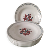 7 Salins Odile soup plates – raspberry flowers & blue border