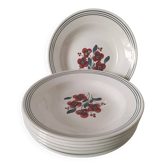 7 assiettes creuses Salins Odile – fleurs framboise & liseré bleu