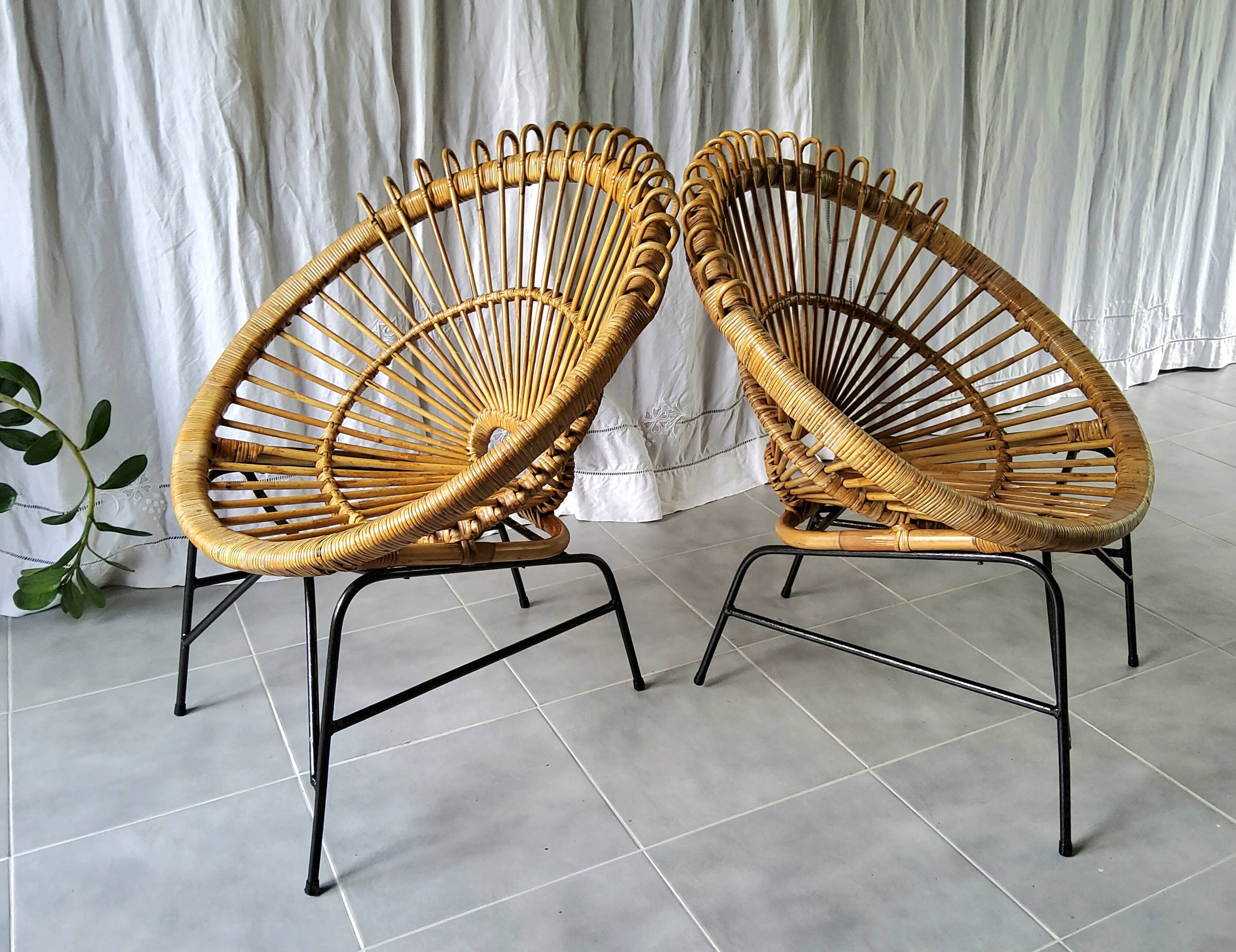 Pair of 60s rattan armchairs