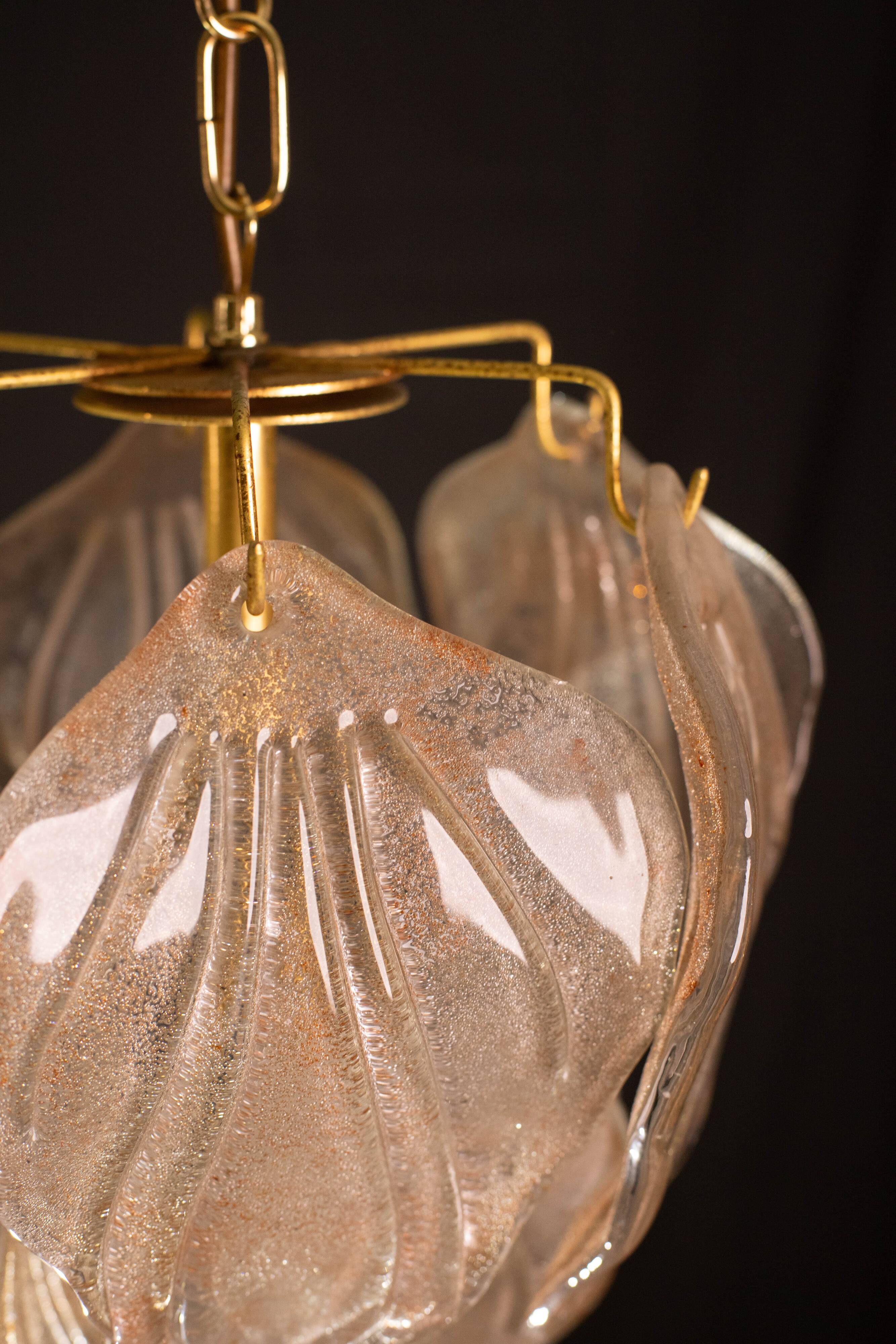 Gorgeous vintage Murano chandelier with leaves of orange and pink highlights