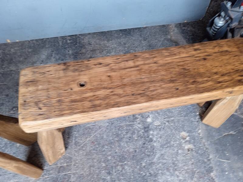 Pair of 2 patinated solid wood benches / stools