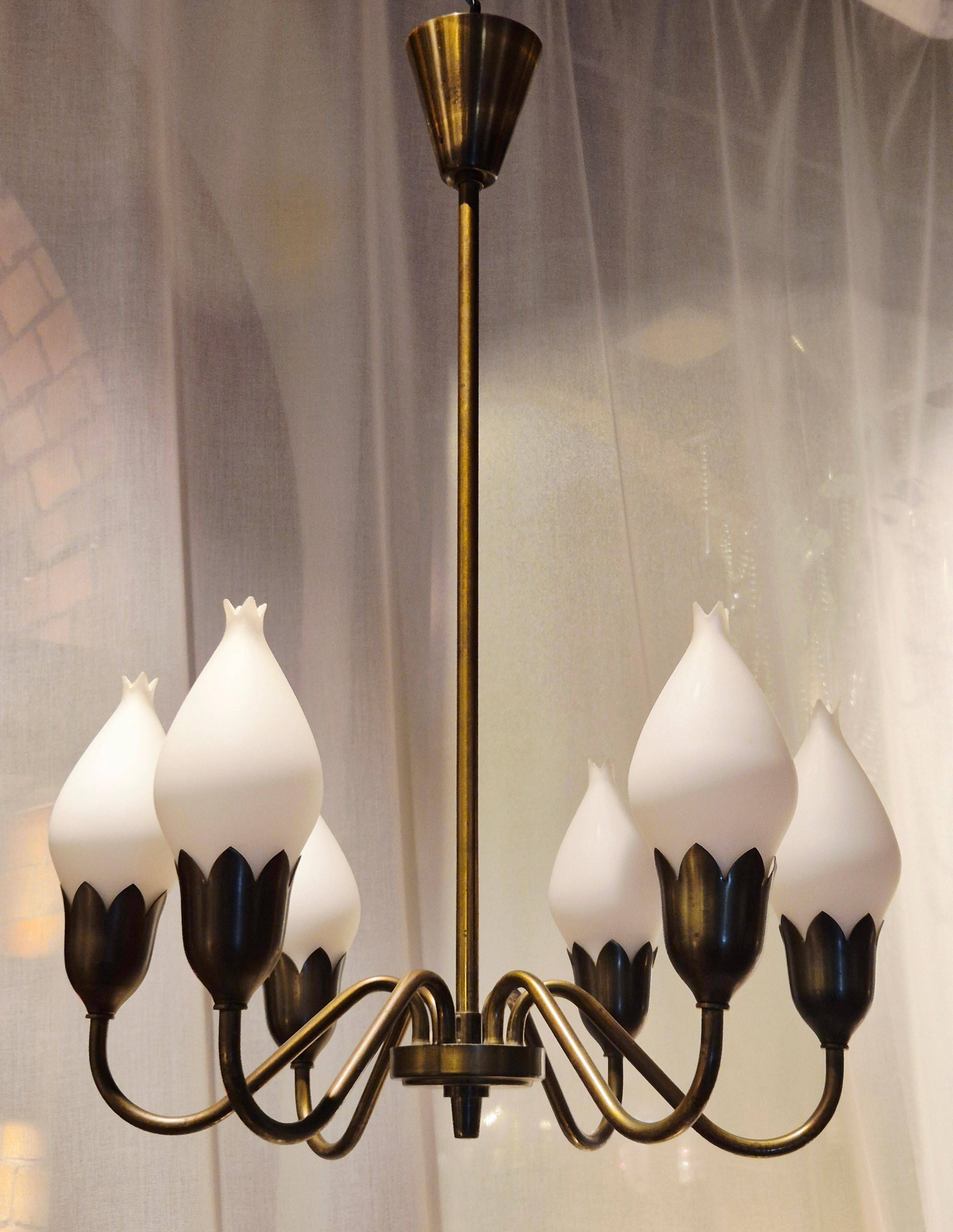 Lustre "Tulip" in brass and glass by Fog and Morup, Denmark.