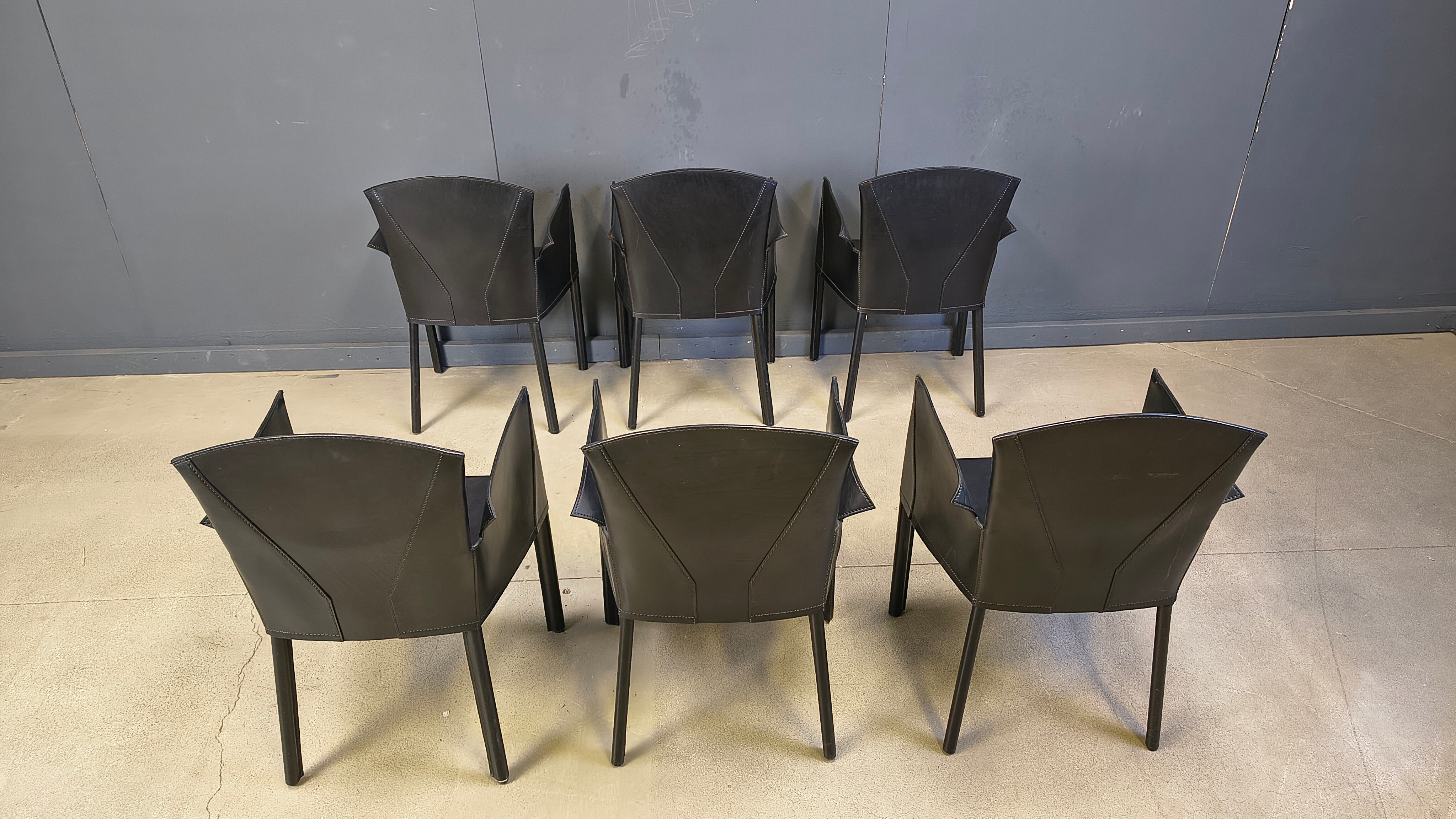 Black leather Italian dining chairs, 1980s - set of 6