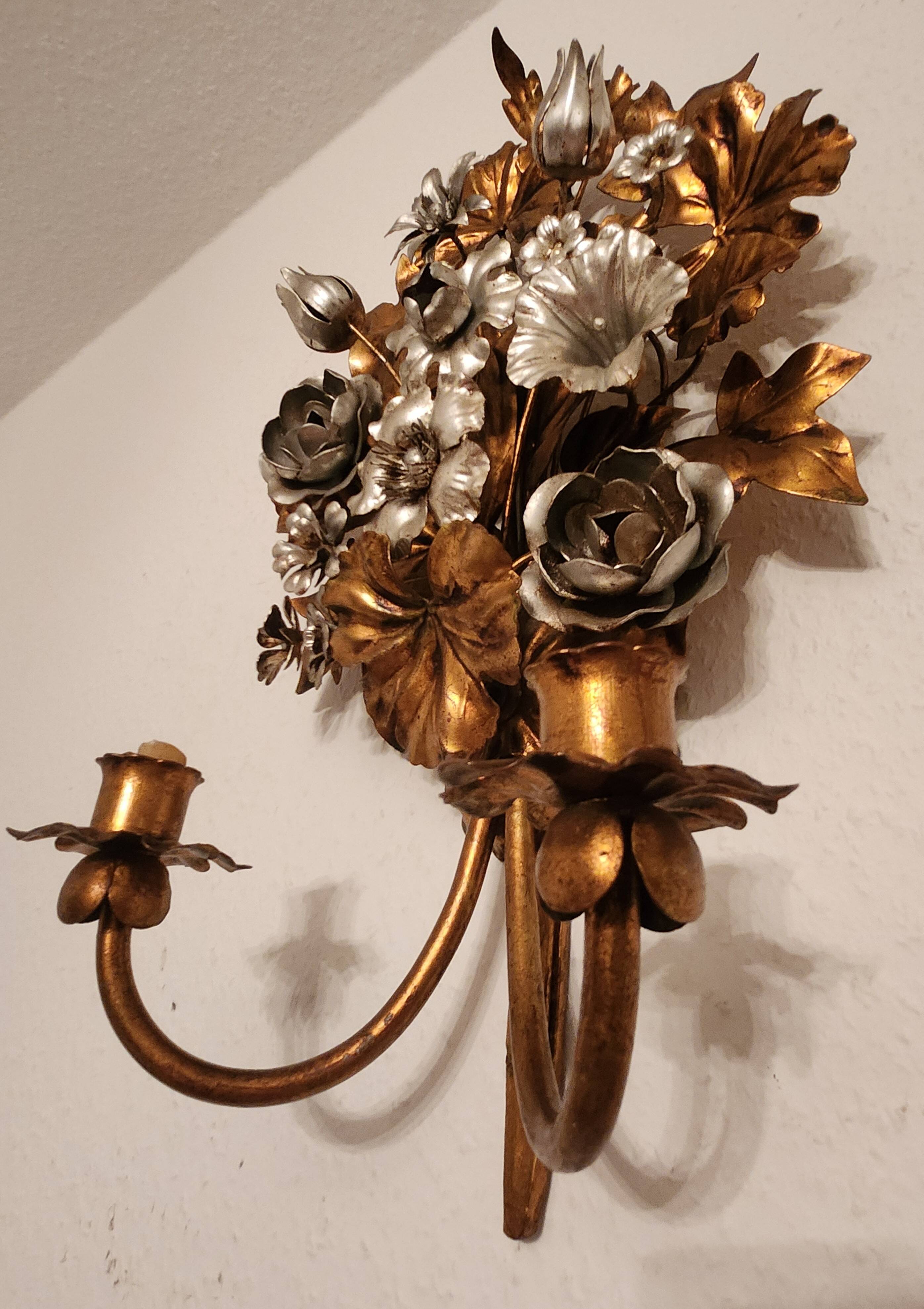 Hand-forged gilded silver-plated candle wall lamps by S. Salvadori