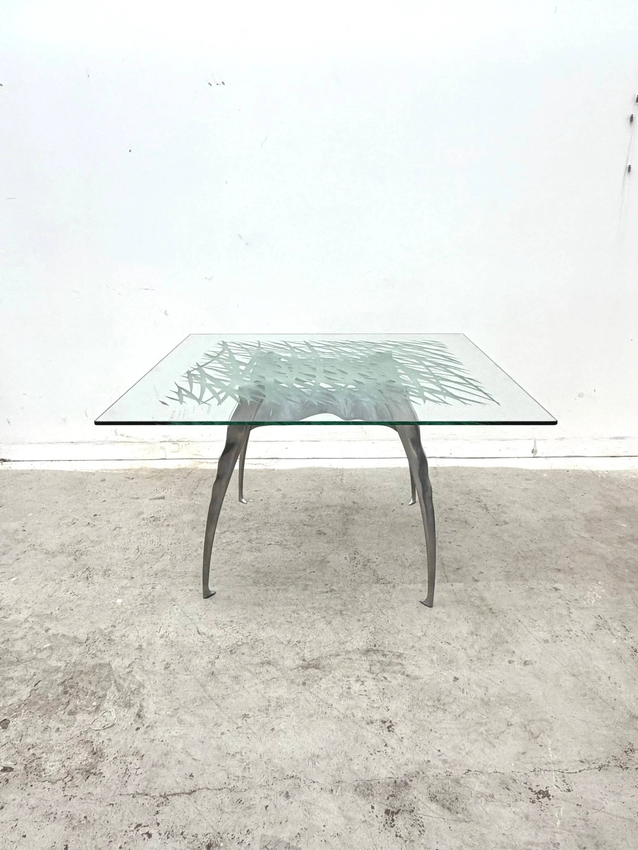 Dining table by Bernard Dequet for Protis France Design in cast aluminum and leather, France 1980