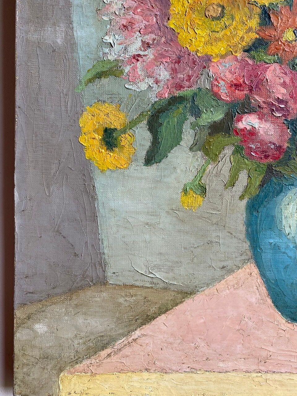 Antique painting, still life with blue vase and flowers, mid-20th century