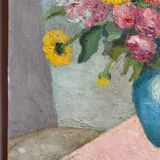 Antique painting, still life with blue vase and flowers, mid-20th century